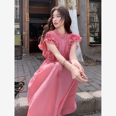 玫瑰粉色小飞袖连衣裙女