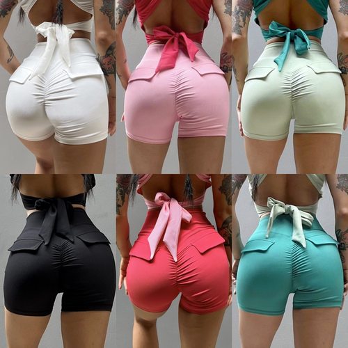 糖果色性感V字高腰蜜桃臀螺纹假口袋健身瑜伽裤紧身短裤运动提臀