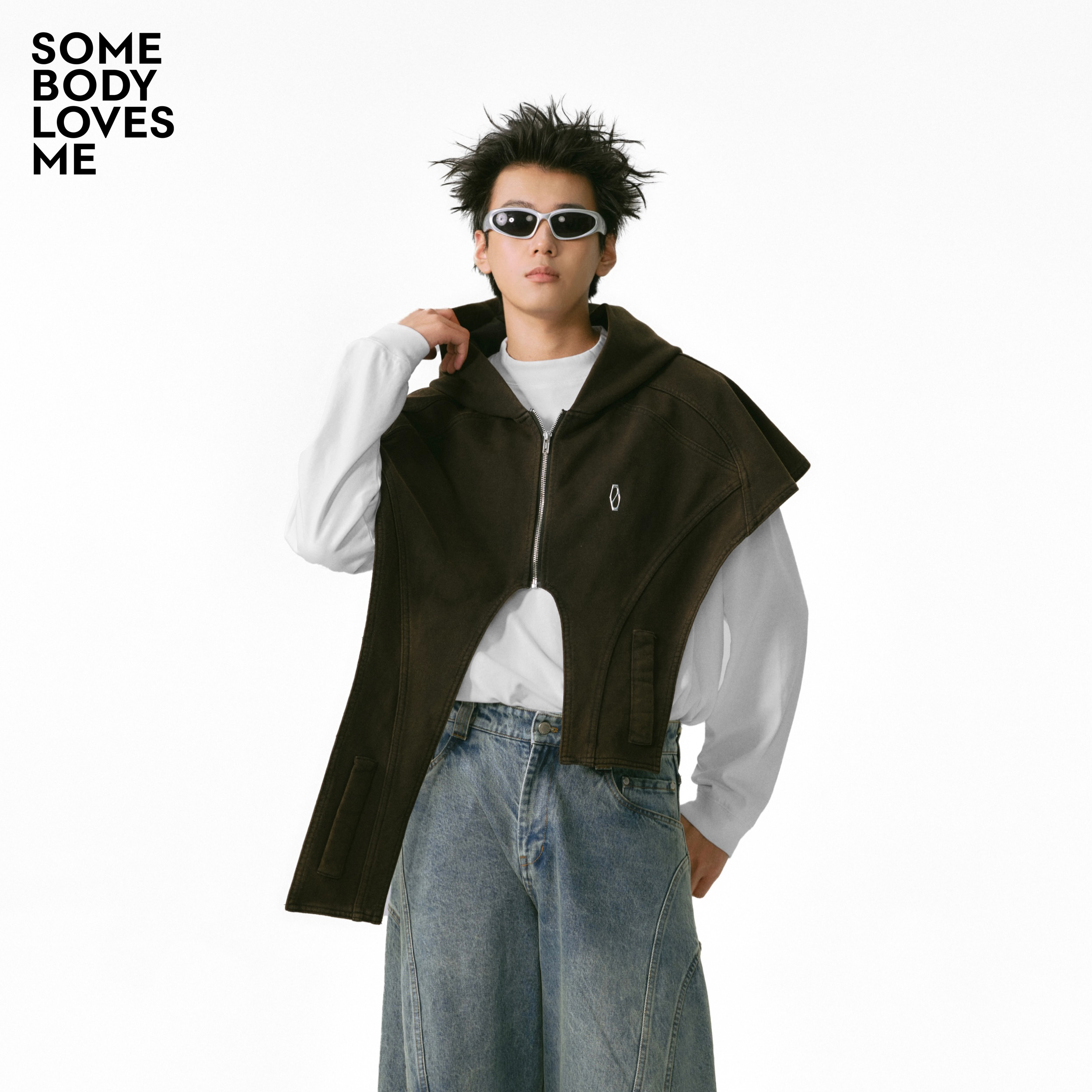 不对称设计水洗做旧斗篷帽披肩