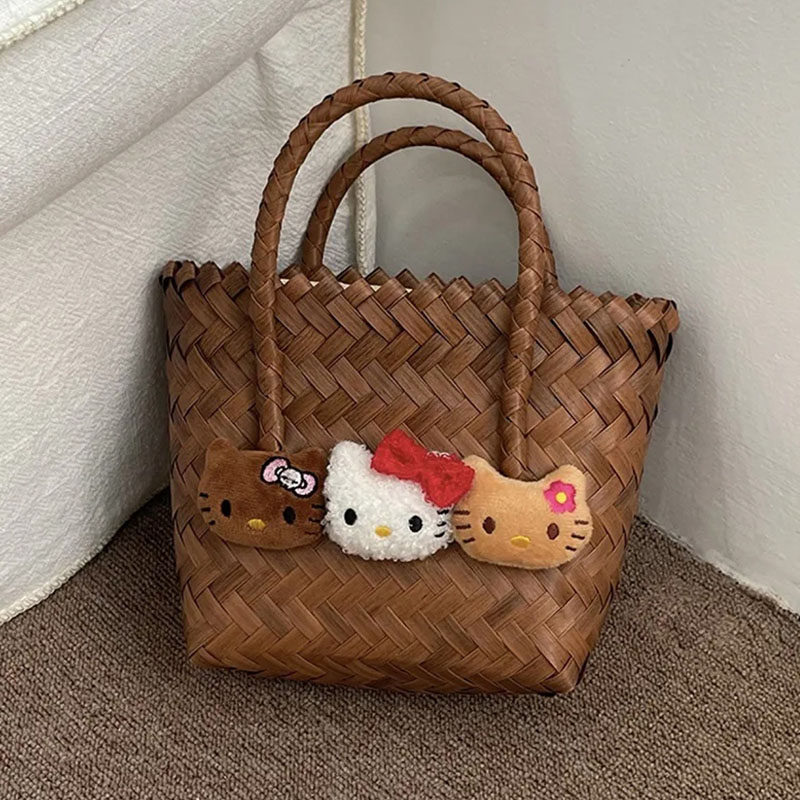小红书同款夏kitty仿藤编织包手工篮可爱手提包长肩带百搭闺蜜包,箱包皮具/热销女包/男包,托特包,淘宝优惠券,粉丝福利购,淘宝优惠卷