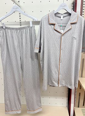 新世家族 HXHM8045新款薄款针织棉全棉开扣短袖长裤男款家居睡衣