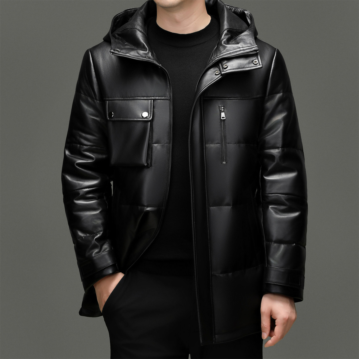 绵羊皮皮衣冬季中长款海宁真皮鸭绒羽绒服皮衣男士连帽加厚外套