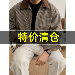 特价 撞色灯芯绒翻领短宽外套高端老钱风千鸟格双拉链夹克男冬装