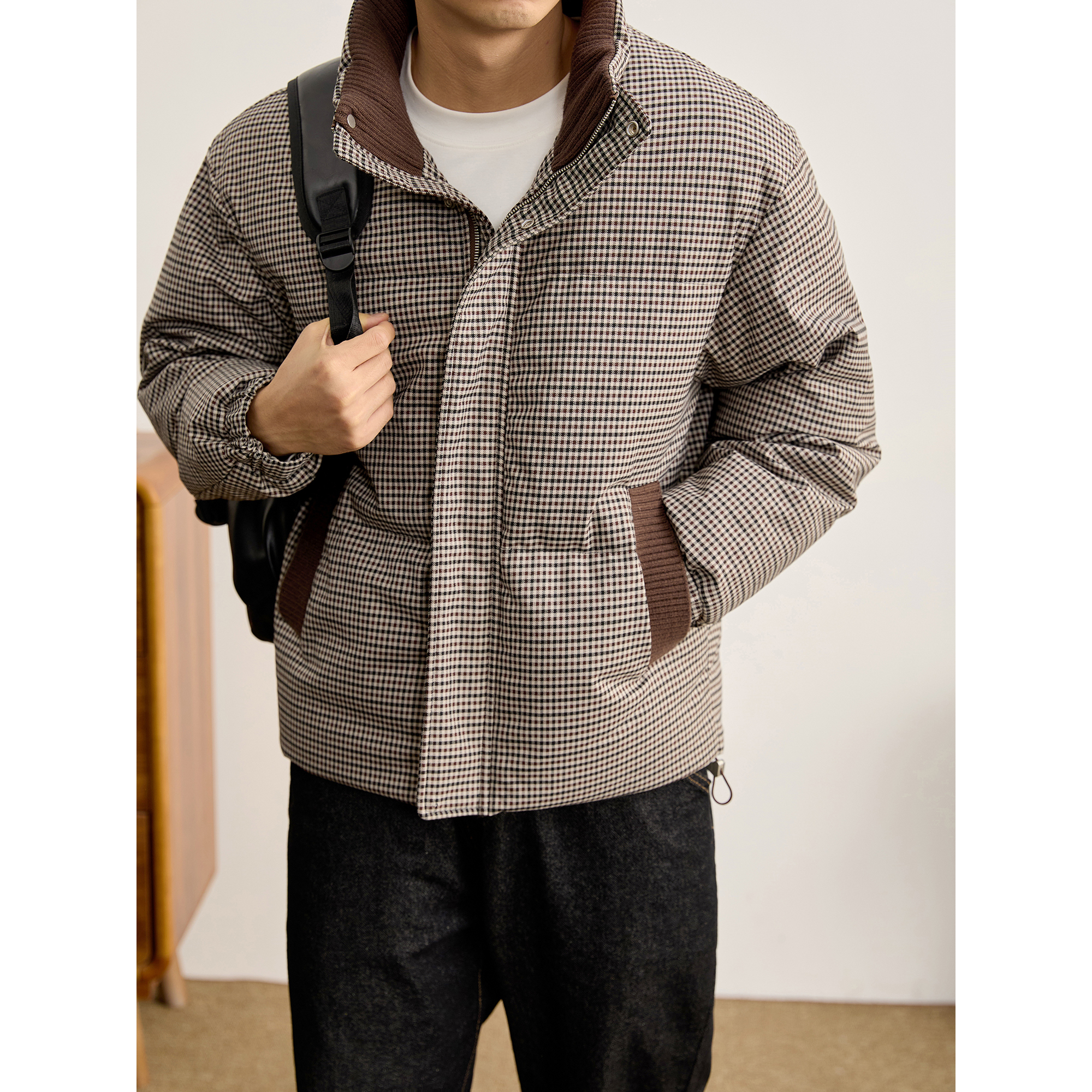 LUUD 罗纹针织拼料领口90鸭绒立领羽绒服男冬加老钱风千鸟格外套