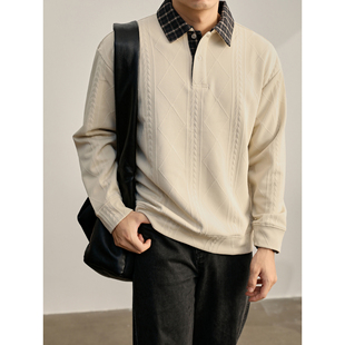 LUUD 撞色格纹拼接翻领卫衣男士重磅300g菱形提花长袖针织POLO衫