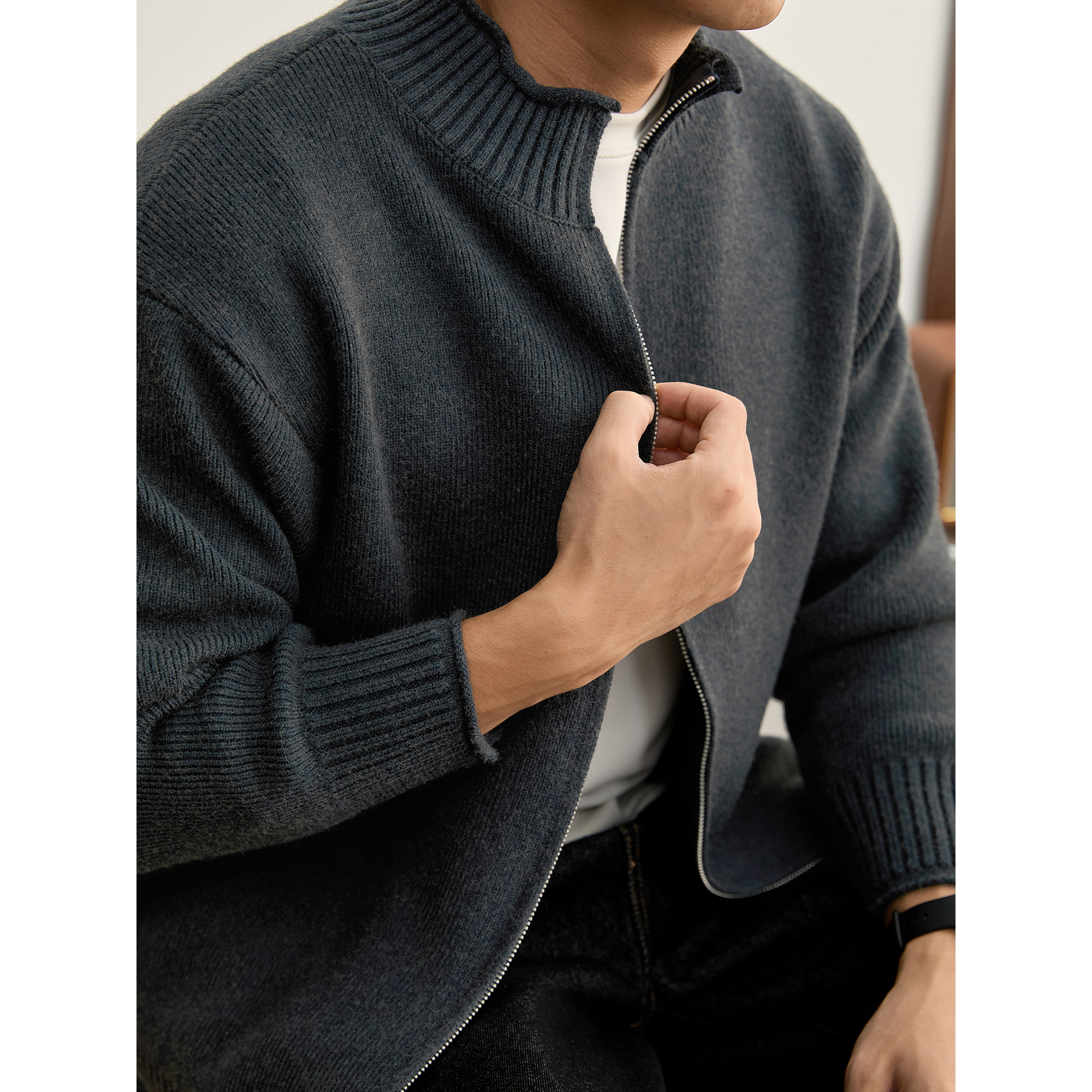 LUUD 极简轻熟螺纹立领毛衣外套男士冬季重磅930g老钱风针织开衫,男装,针织衫/毛衣,淘宝优惠券,粉丝福利购,淘宝优惠卷