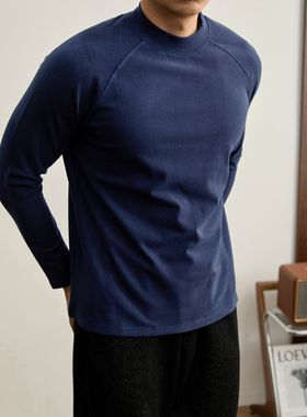 LUUD 德绒磨毛半高领保暖T恤衫男士复古纯色分割线插肩袖内搭长袖