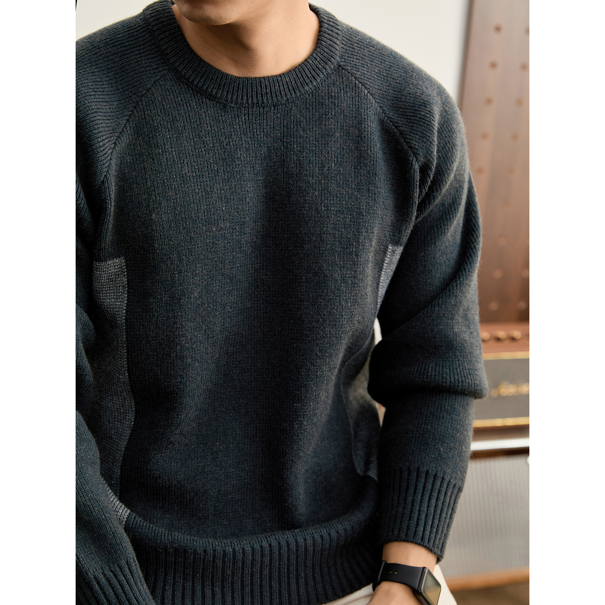 LUUD 撞色方块拼接圆领针织衫男重磅810g时尚潮流插肩袖保暖毛衣