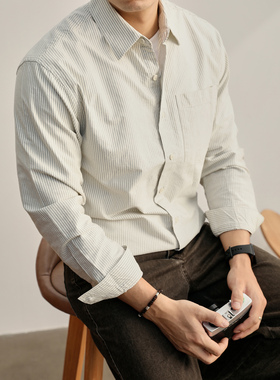 LUUD 日常通勤单贴袋长袖衬衫男士高密度牛津纺色织纯棉条纹衬衣