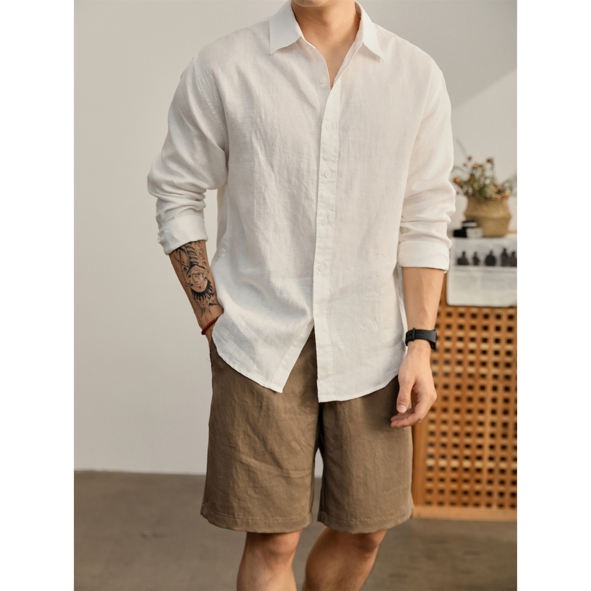 LUUD 意式慵懒风男士轻薄纯亚麻长袖衬衫百搭老钱透气吸湿衬衣