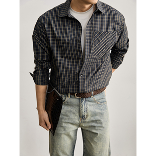 压皱单贴袋寸衣休闲个性 初春款 外套男 高街港风撞色格子衬衫 LUUD