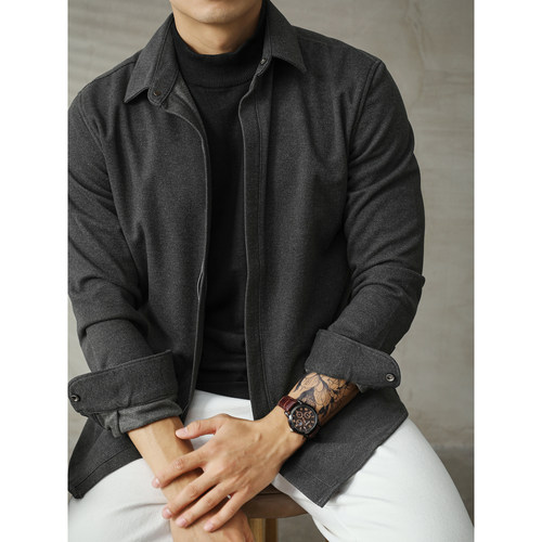 LUUD 男士轻熟气质翻领假两件毛呢茄克外套修身日常百搭衬衫上衣