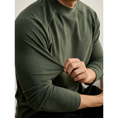 LUUD 军绿色德绒磨毛保暖半高领打底衫男士拼接线条插肩袖T恤长袖