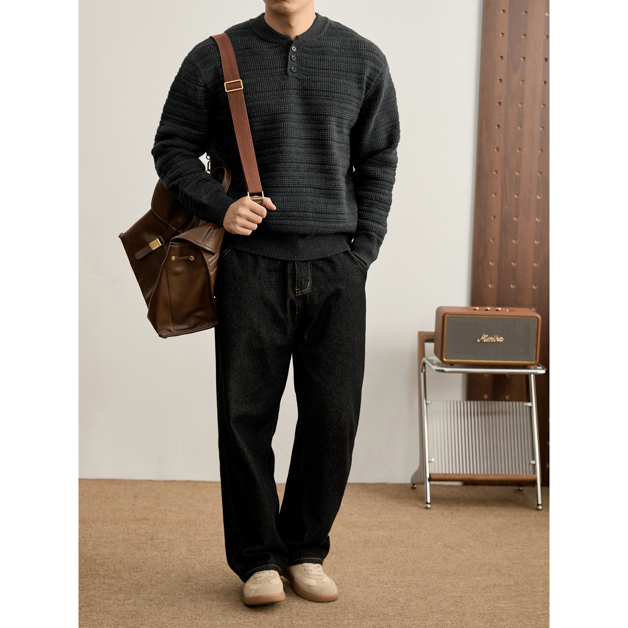 LUUD 高克重850g男士肌理提花亨利领针织衫冬季加厚保暖纯色毛衣