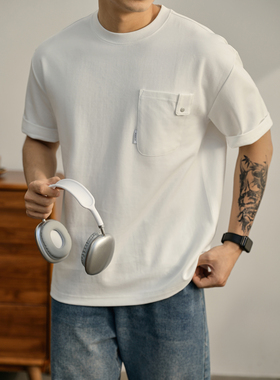 LUUD 夏季新款胸口贴袋纯色净版短袖T恤衫男士圆领气质潮流体恤衫