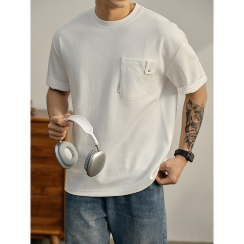 LUUD 夏季新款胸口贴袋纯色净版短袖T恤衫男士圆领气质潮流体恤衫