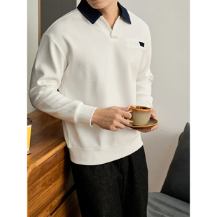 LUUD 高端品质华夫格海鸥领长袖男款撞色牛仔拼接翻领POLO衫卫衣