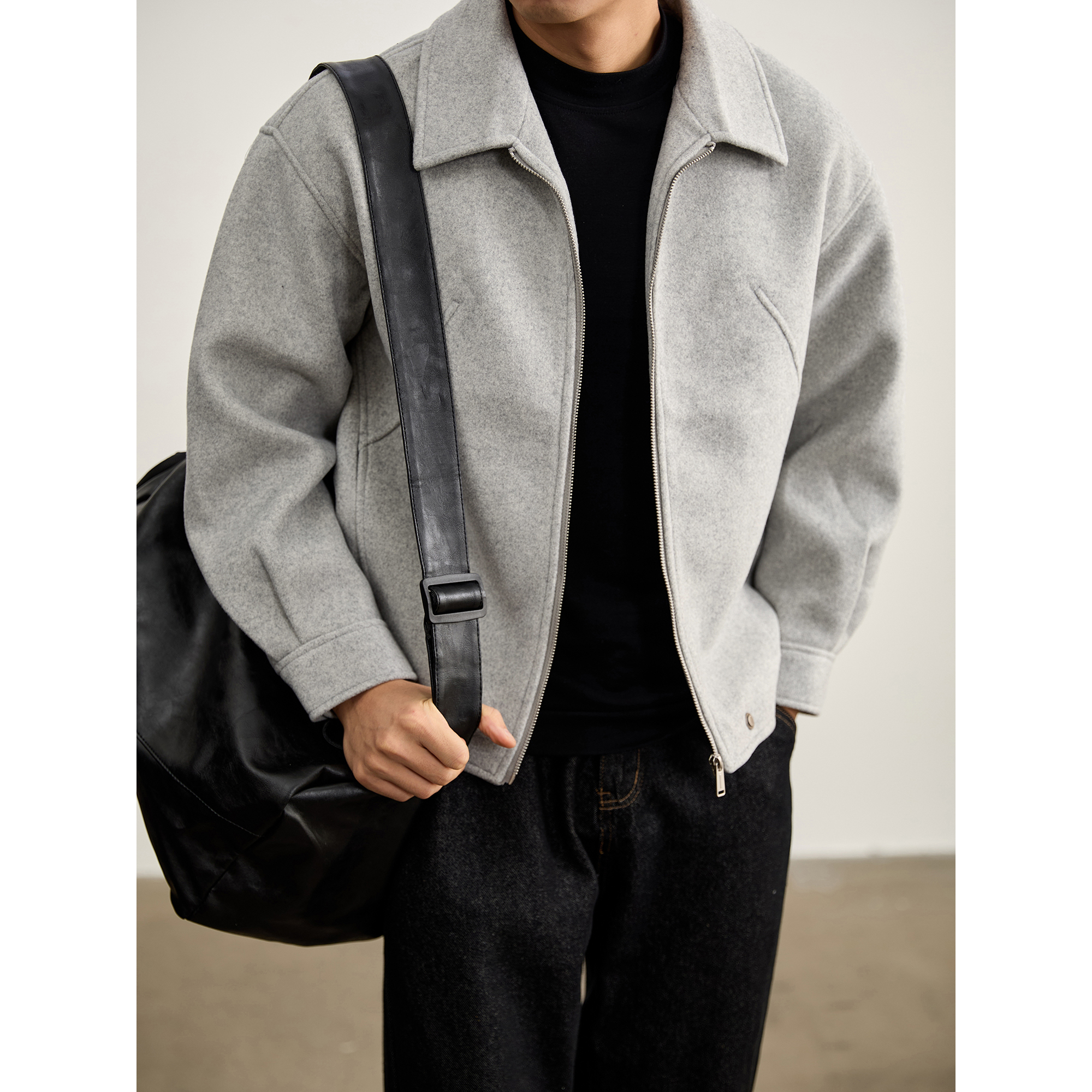 LUUD 复古磨毛宽松廓形哈灵顿夹克男冬季绵羊毛混纺翻领毛呢外套