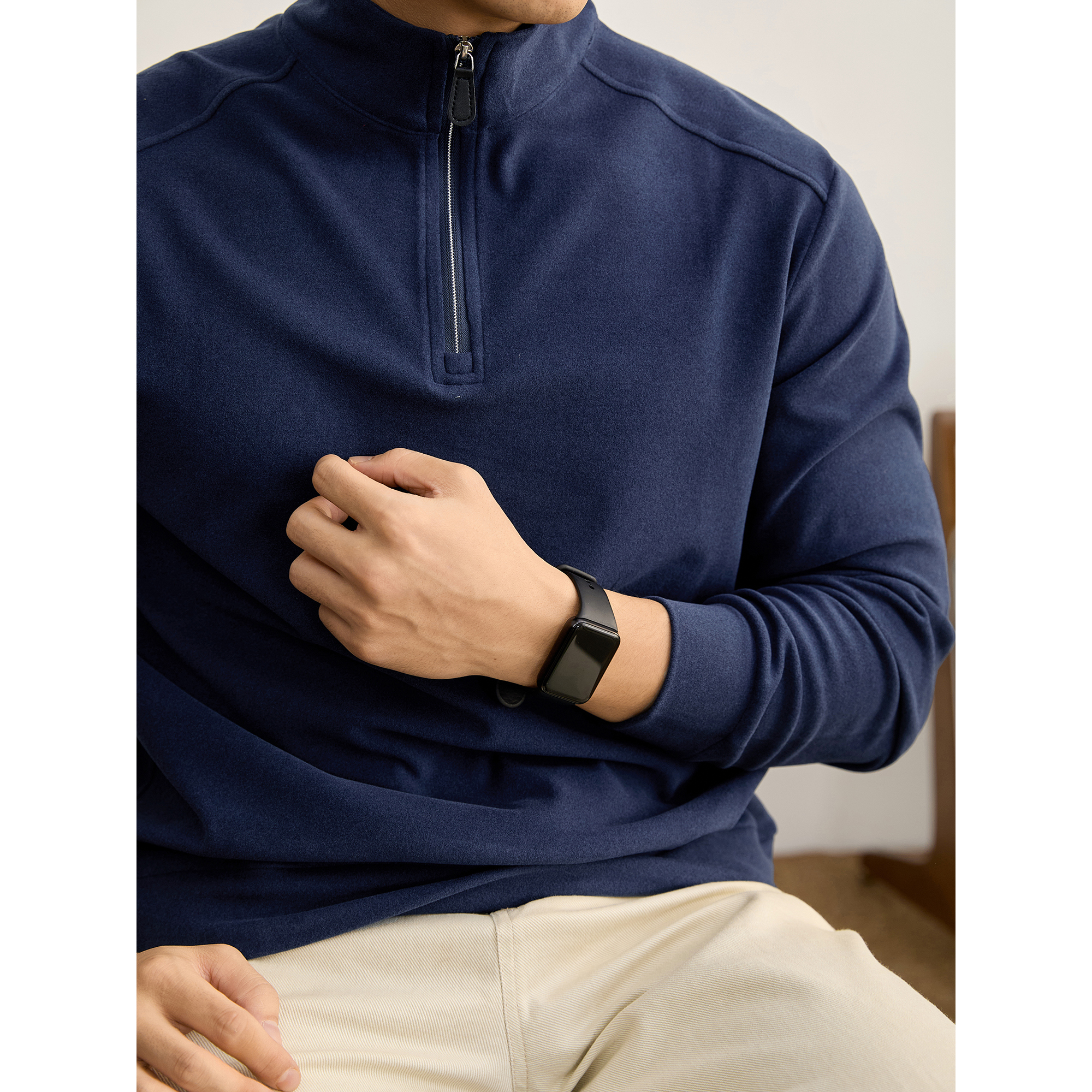 LUUD 秋冬新款磨毛德绒保暖长袖打底衫男时尚潮流半拉链立领卫衣