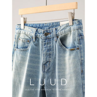 长裤 LUUD 做旧纯棉韩风直筒阔腿春季 男士 子 猫须纹水洗漂白牛仔裤