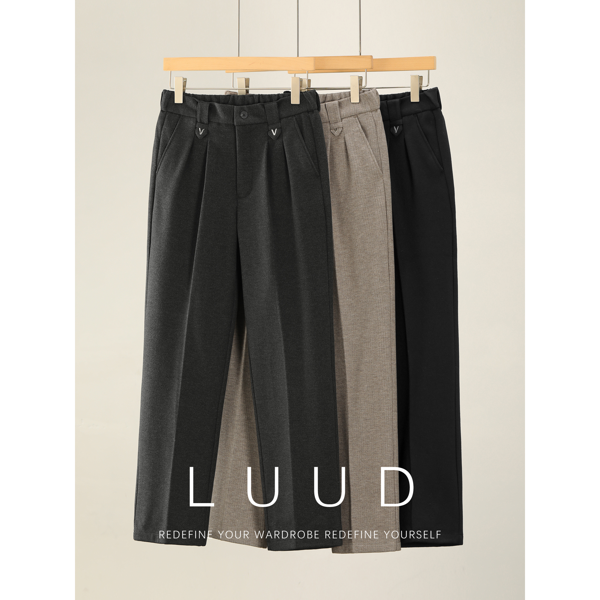 LUUD 绵羊毛混纺半松紧腰磨毛直筒长裤男冬双褶立体裁剪毛呢西裤