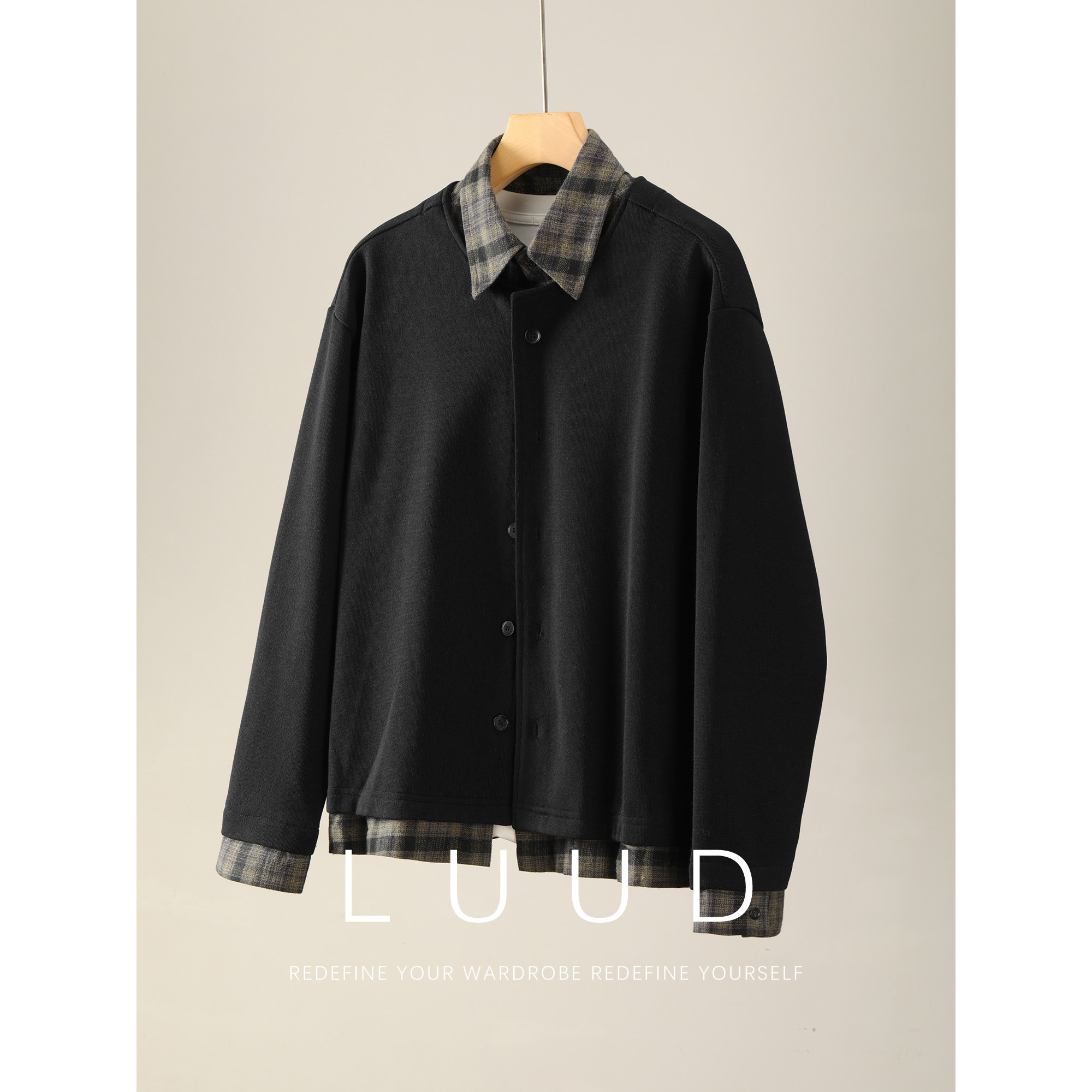 LUUD 老钱风100%纯棉内里格纹衬衫miu系针织假两件开衫毛衣外套男,男装,针织衫/毛衣,淘宝优惠券,粉丝福利购,淘宝优惠卷