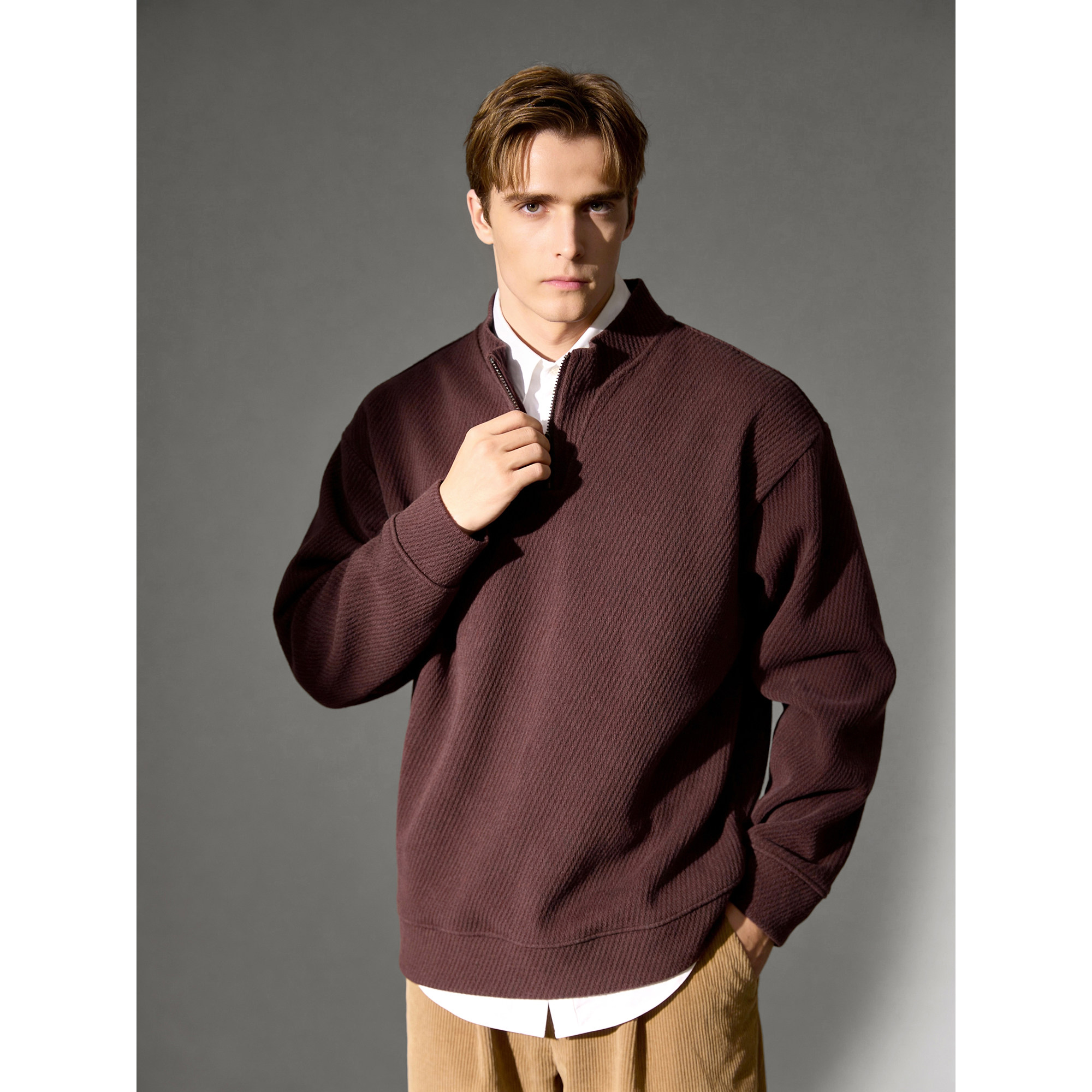 LUUD 枣红色斜纹立领半拉链卫衣套头重磅550g长袖简质纯色上衣男,男装,卫衣,淘宝优惠券,粉丝福利购,淘宝优惠卷