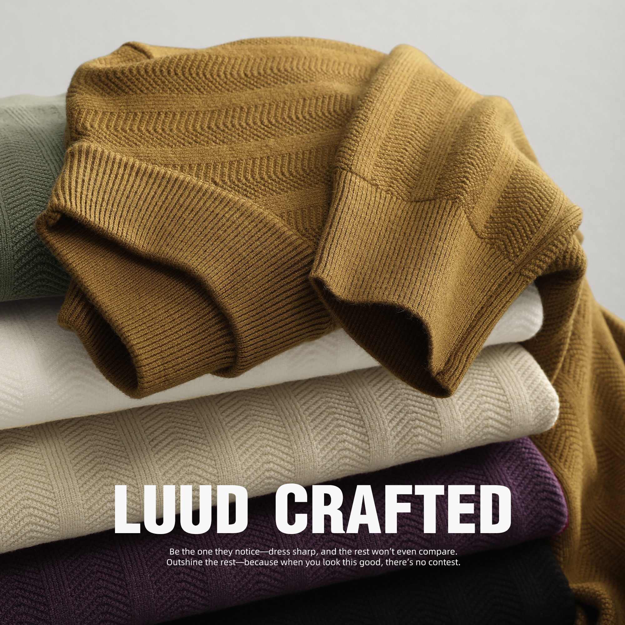 LUUD 男士半高领毛衣时尚净色纹理提花修身上衣居家风长袖针织衫