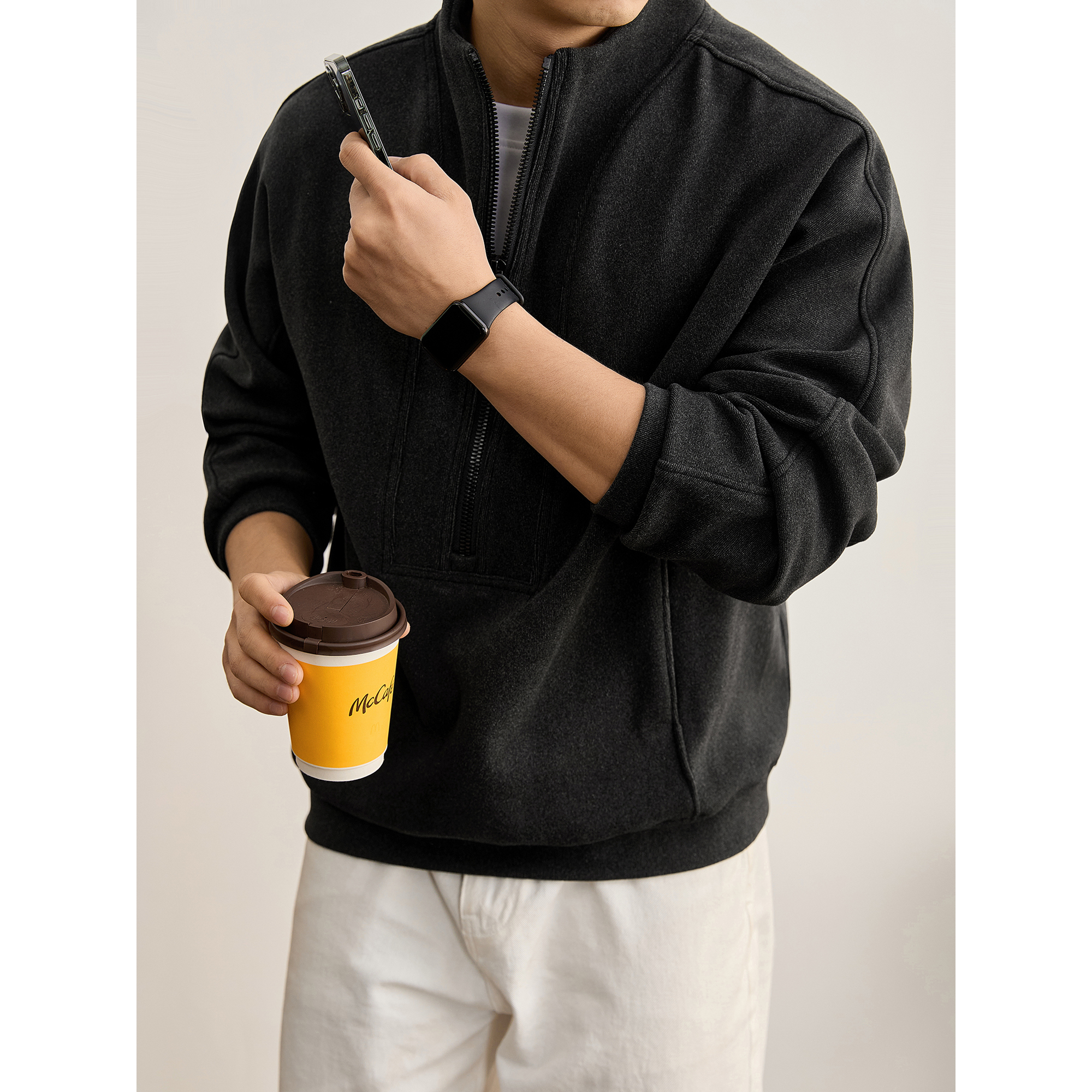 LUUD 拉链半开襟立领插肩袖卫衣男秋冬层次感假两件德绒保暖上衣