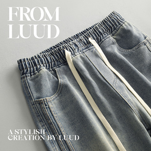 松紧腰磨白牛仔裤 美式 LUUD 男秋季 子 宽松直筒长裤 休闲阔腿抽绳裤