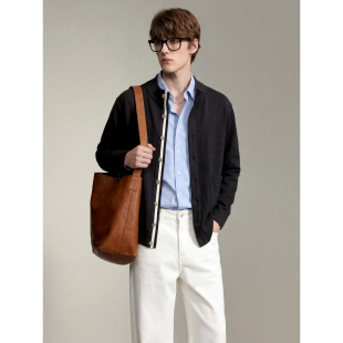 LUUD 男知识分子风毛衣外套 美利奴羊毛混纺撞色门襟立领针织开衫