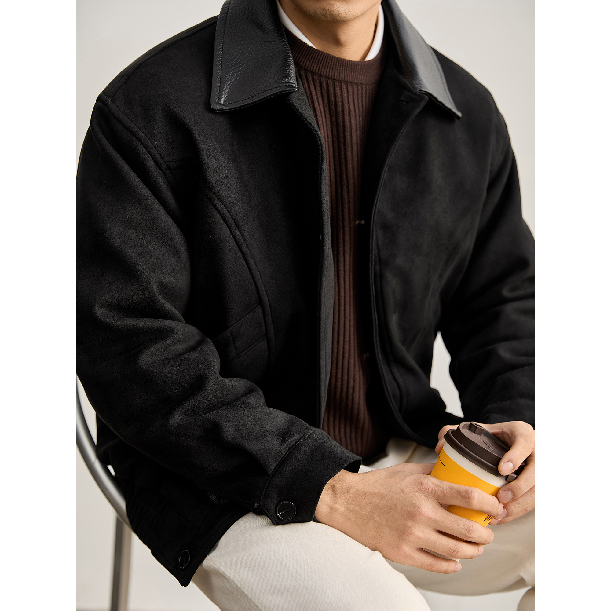 LUUD 定制树脂扣皮质翻领羽绒服夹克男是秋冬85白鸭绒麂皮绒外套