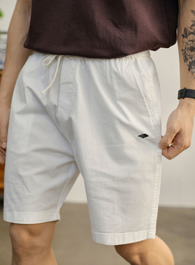 LUUD 时尚小刺绣直筒抽绳短裤裤男士白色五分裤子亲肤棉休闲裤子