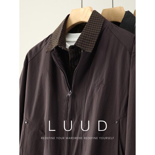 LUUD 格纹假两件翻领衬衫拼接飞行员夹克男层次感棒球领防风外套