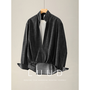 LUUD 辑明线层次拼接假两件衬衣男士老钱格调防牛仔布立领V型衬衫