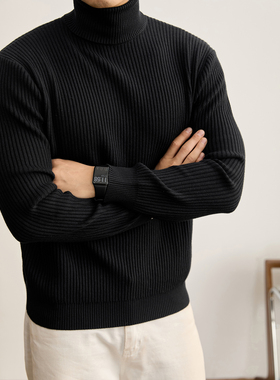 LUUD 黑色坑条肌理感高领百搭毛衣高端绅士男休闲保暖针织衫秋冬