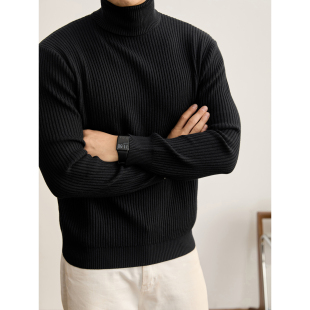 LUUD 秋冬 黑色坑条肌理感高领百搭毛衣高端绅士男休闲保暖针织衫
