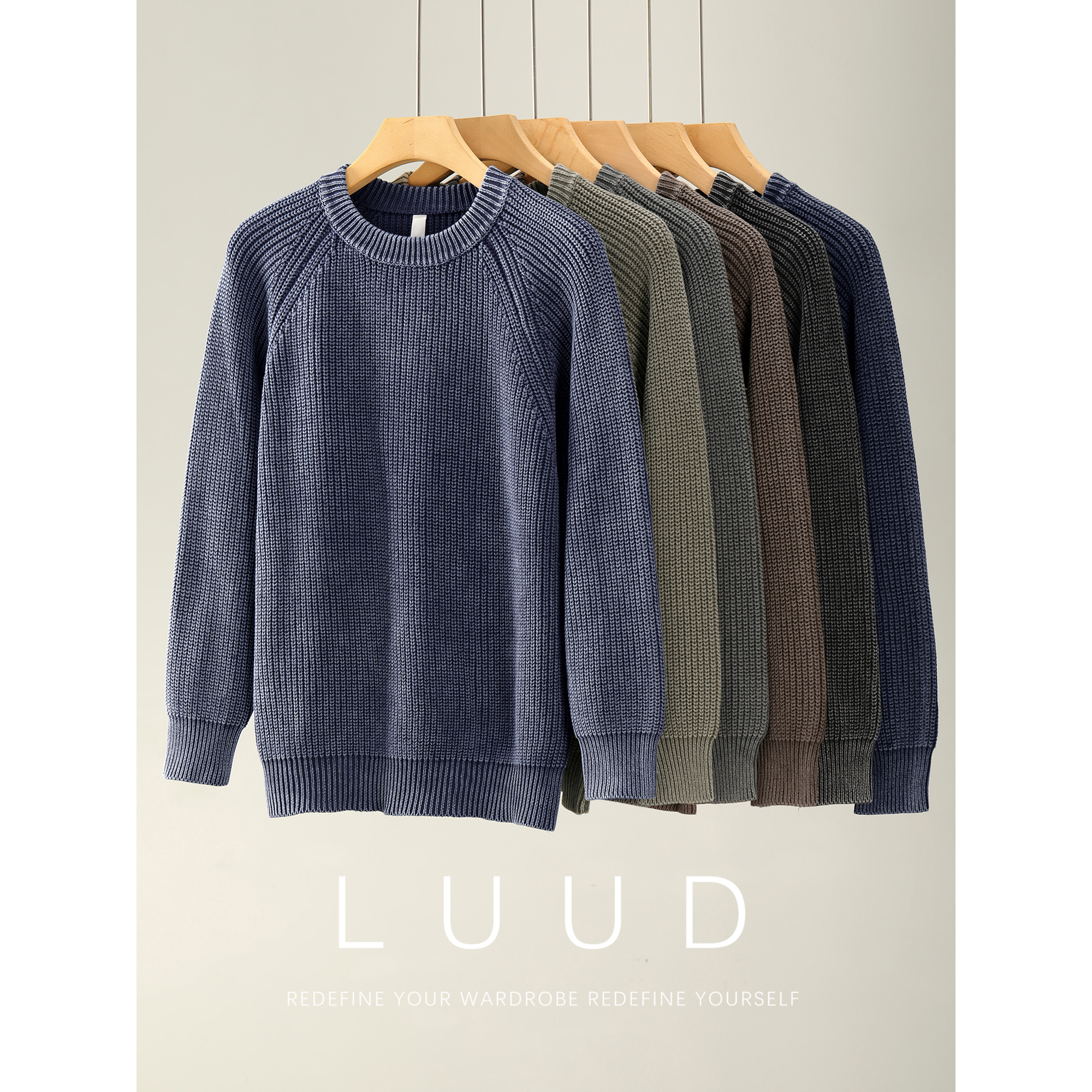 LUUD 慵懒风100%纯棉秋冬保暖男士针织衫渐染水磨抗起球做旧毛衣