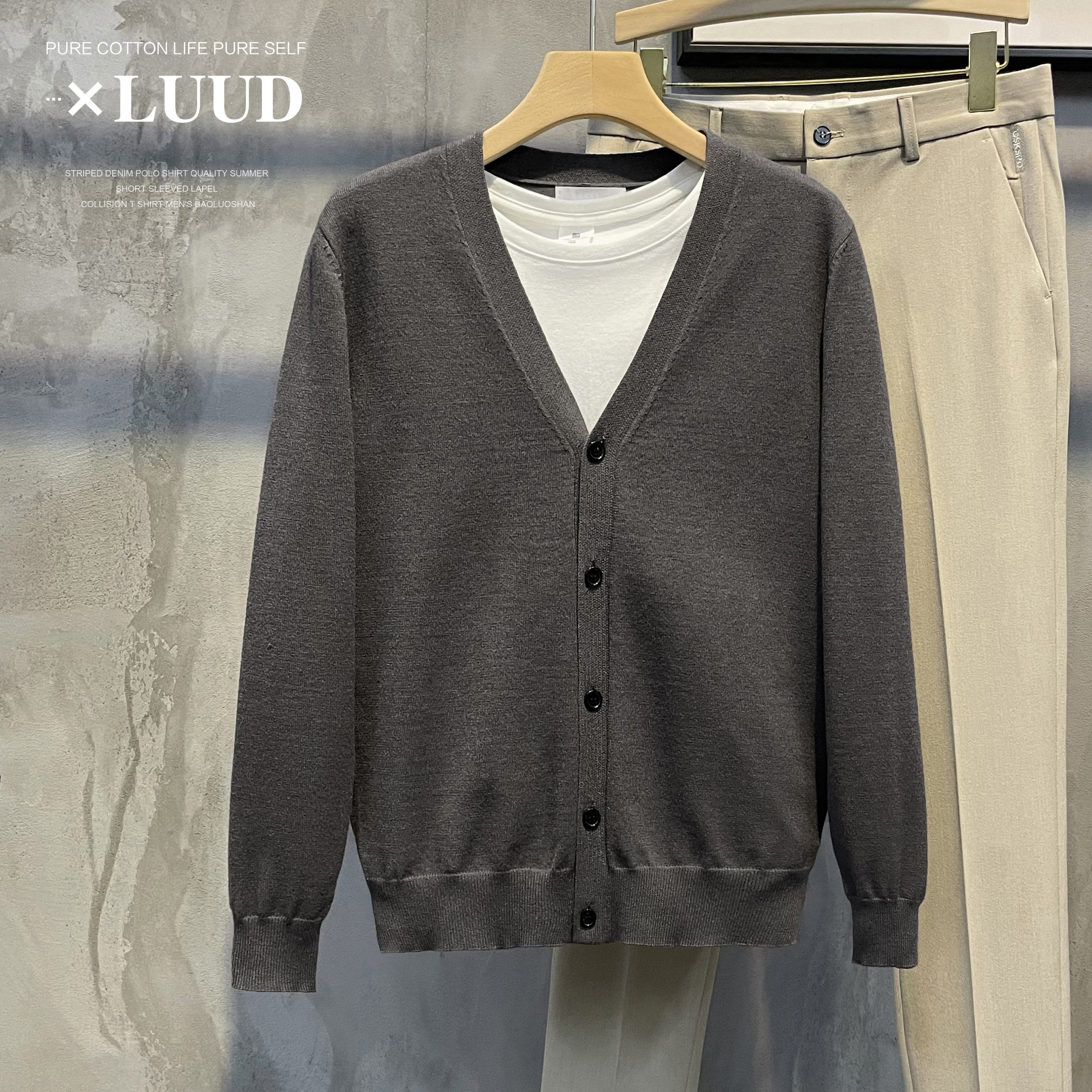 LUUD 남성용 심플 솔리드 컬러 니트 V 넥 가디건 가벼운 럭셔리 신사 가을 겨울 다목적 싱글 브레스트 스웨터 재킷