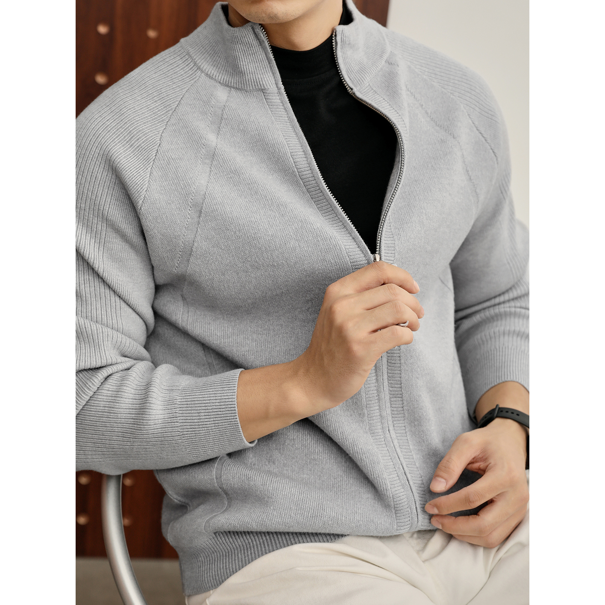 LUUD 高级奢华立领拉链外套男士细腻坑条肌理插肩袖针织毛衣开衫