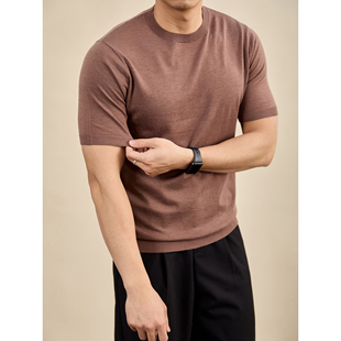 T恤男夏季 LUUD 美式 老钱风16针高密度凉感针织短袖 绵羊毛混纺毛衫