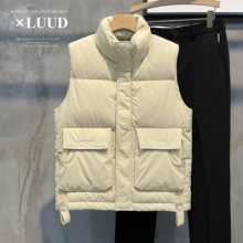 LUUD 2023新款白鸭绒保暖无袖马甲男潮牌百搭立领坎肩羽绒服外套