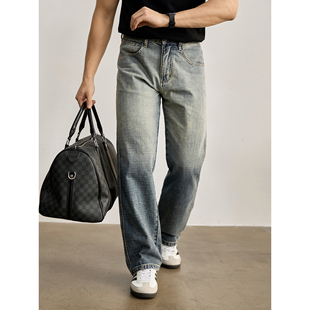 100%纯棉复古做旧洗水牛仔裤 LUUD 横纹肌理渐变水洗褪色直筒长裤