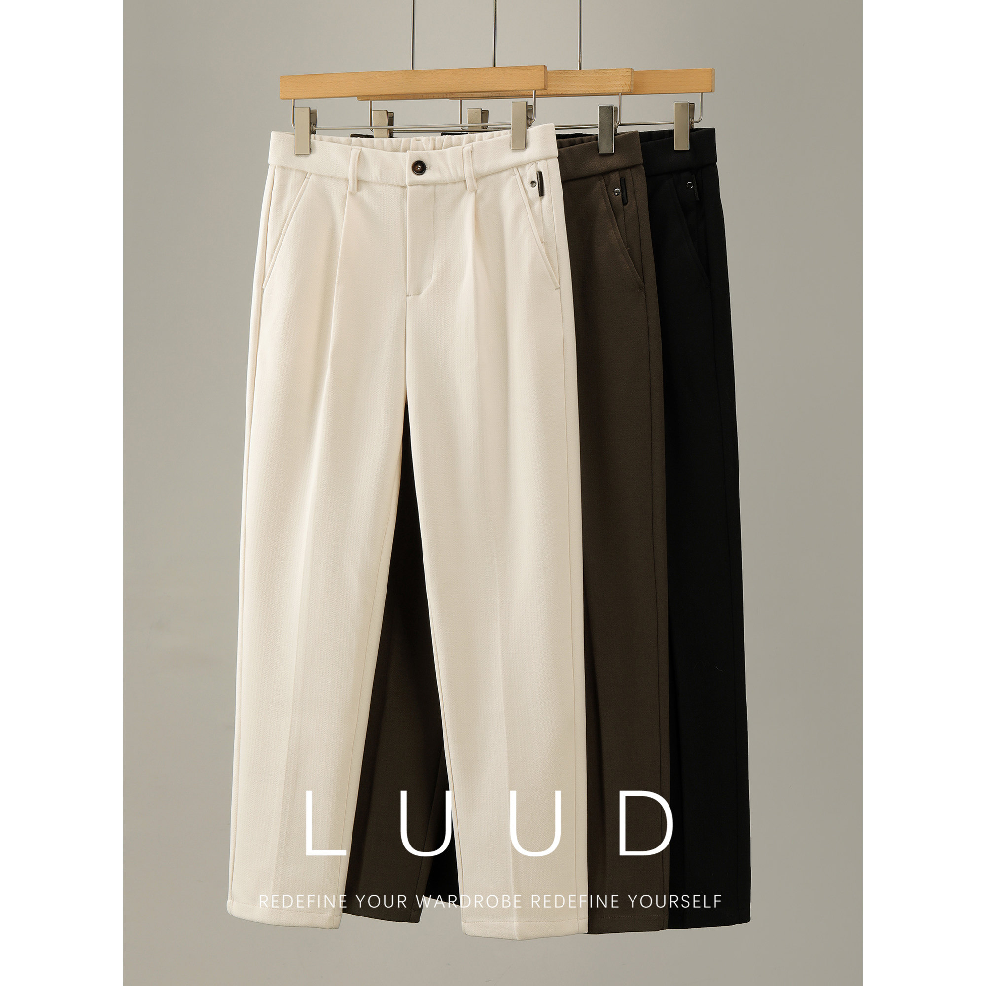 LUUD 时尚通勤半松紧腰毛呢休闲长裤男冬亲肤内里磨毛小直筒西裤,男装,休闲裤,淘宝优惠券,粉丝福利购,淘宝优惠卷