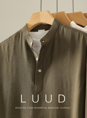 LUUD 亚麻混纺半开领小立领长袖休闲衬衫男士抗皱透气亨利领衬衣