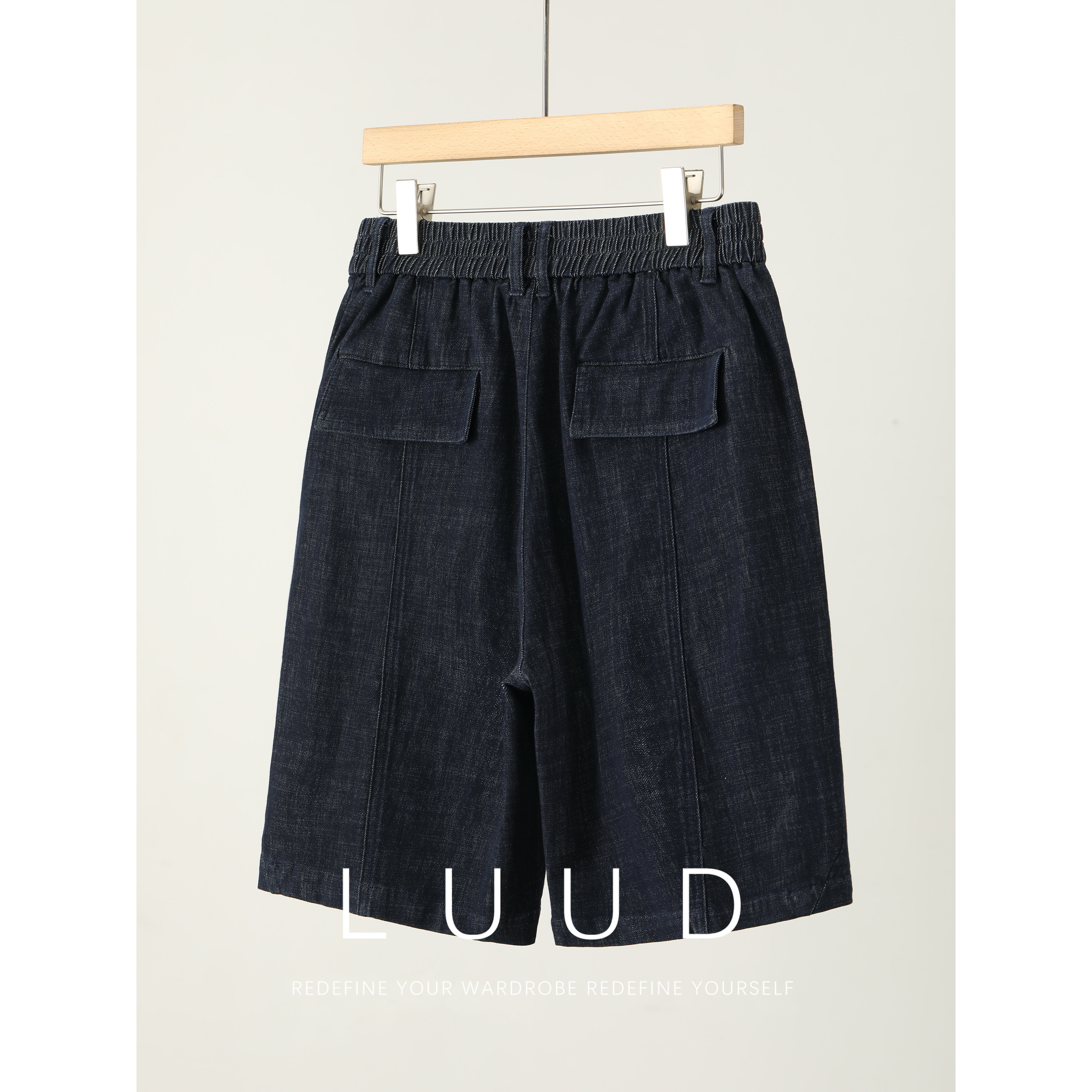 LUUD CityBoy风半松紧腰仿牛仔短裤天丝莱赛尔亚麻混纺直筒中裤男
