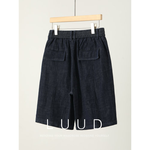 LUUD CityBoy风半松紧腰仿牛仔短裤天丝莱赛尔亚麻混纺直筒中裤男