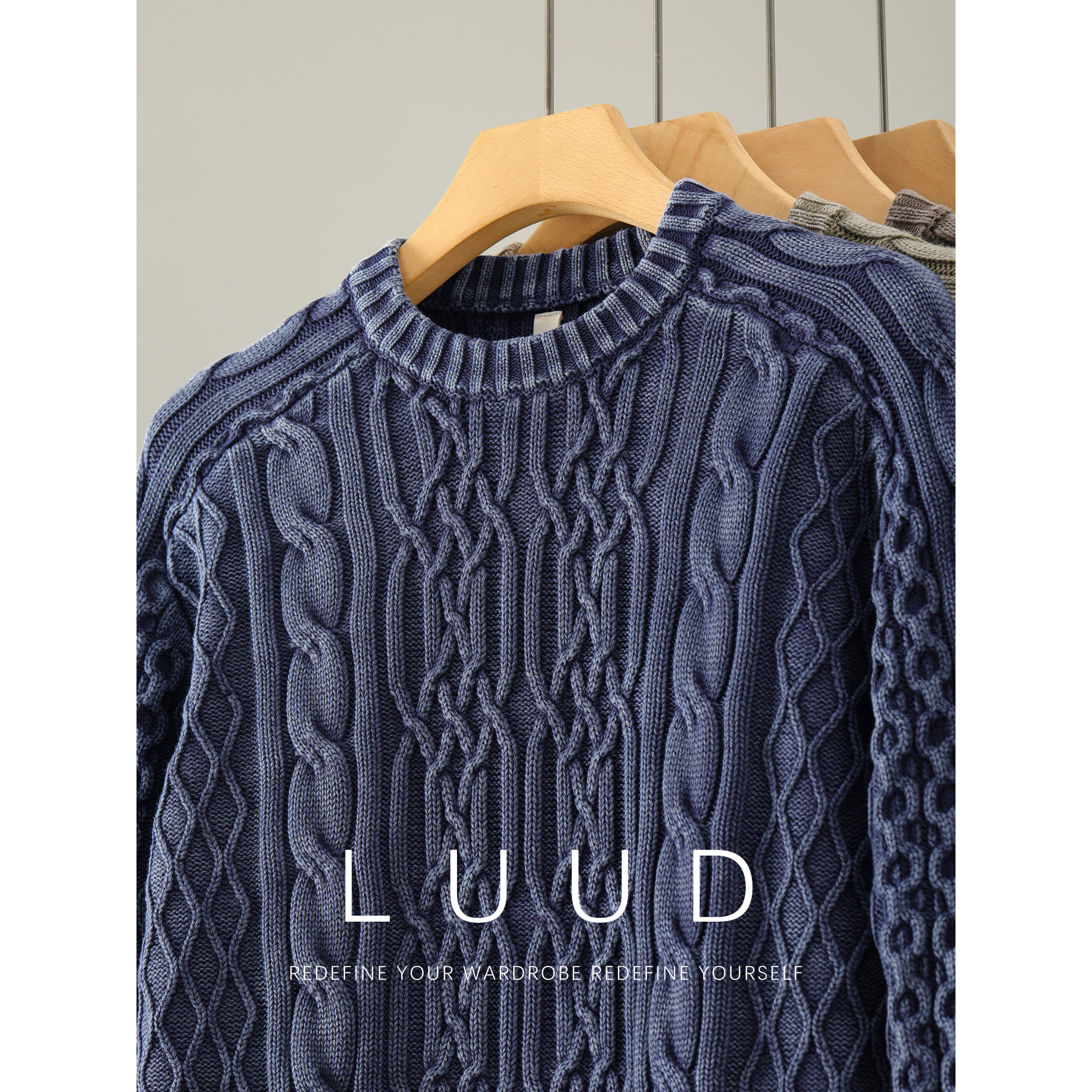 LUUD 渐染水磨绞花肌理100%纯棉针织衫男重磅抗起球做旧慵懒毛衣