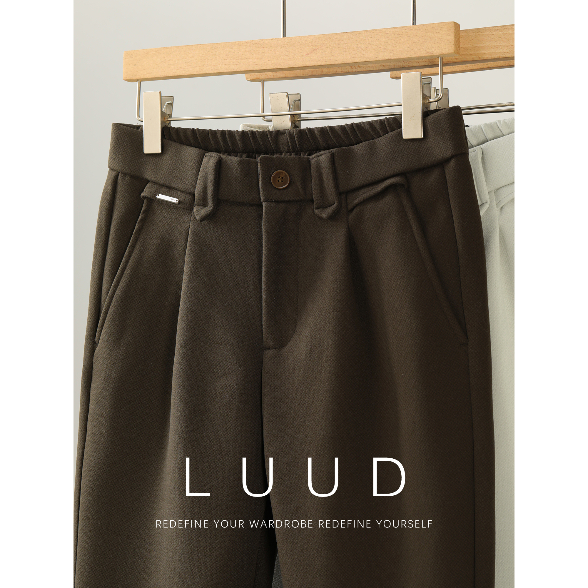 LUUD 男冬季内里磨毛保暖休闲长裤菱形格纹肌理纯色毛呢直筒西裤