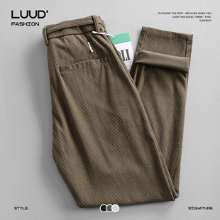LUUD 日系复古灯芯绒裤子男士秋冬保暖小脚锥形裤腰带款休闲长裤